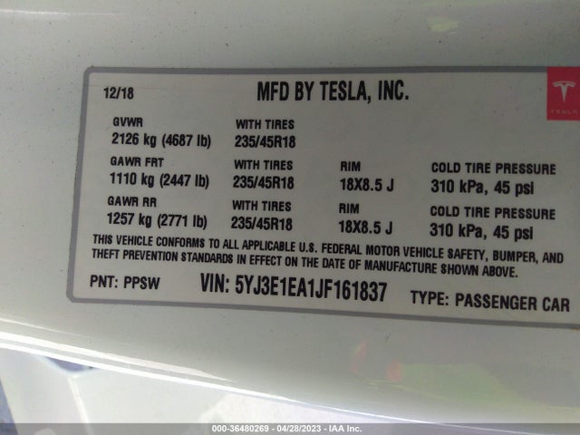 Tesla Model 3 Range Battery 2018 5YJ3E1EA1JF161837 Image 11