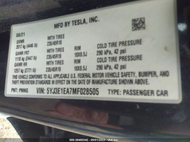 5YJ3E1EA7MF028505 Tesla Model 3 Standard Range Plus