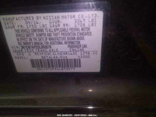 3N1CN7AP2GL893579 Nissan VERSA S