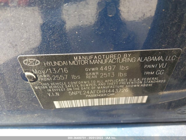 2017 HYUNDAI SONATA SE VIN: 5NPE24AF0HH443726