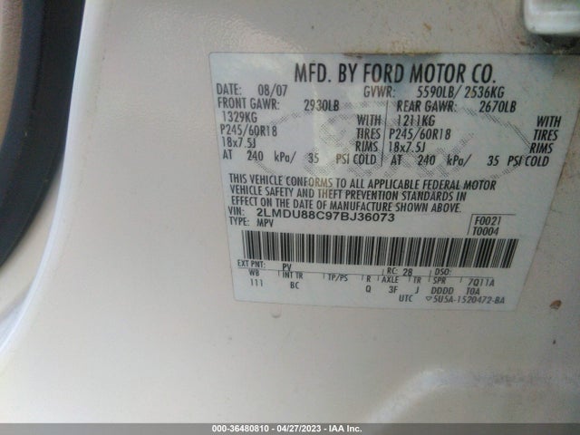 2007 LINCOLN MKX VIN: 2LMDU88C97BJ36073