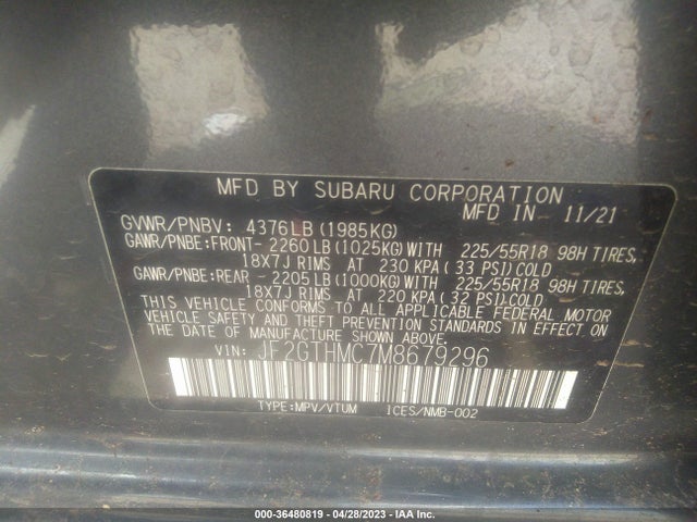 2021 SUBARU CROSSTREK LIMITED VIN: JF2GTHMC7M8679296