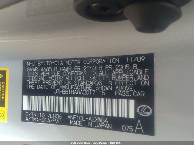 36481025 :رقم المزاد ، JTHBB1BA8A2017115 vin ، 2010 Lexus Hs 250h مزاد بيع