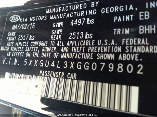 5XXGU4L3XGG079802 KIA OPTIMA EX