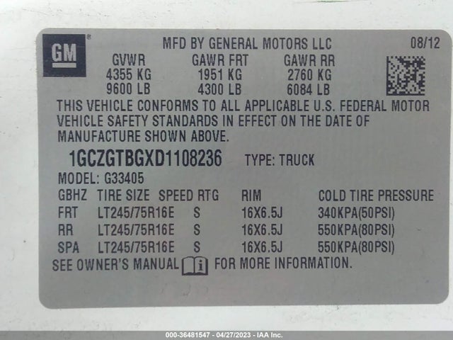 2013 CHEVROLET EXPRESS CARGO VAN VIN: 1GCZGTBGXD1108236