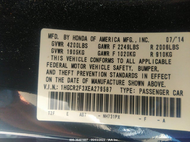 Honda Accord Sedan Lx 2014 1HGCR2F3XEA279587 Image 9