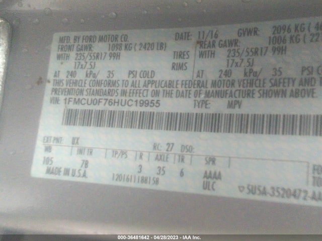 2017 FORD ESCAPE S VIN: 1FMCU0F76HUC19955