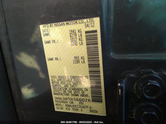 2012 NISSAN ALTIMA 2.5 S VIN: 1N4AL2AP7CN566026