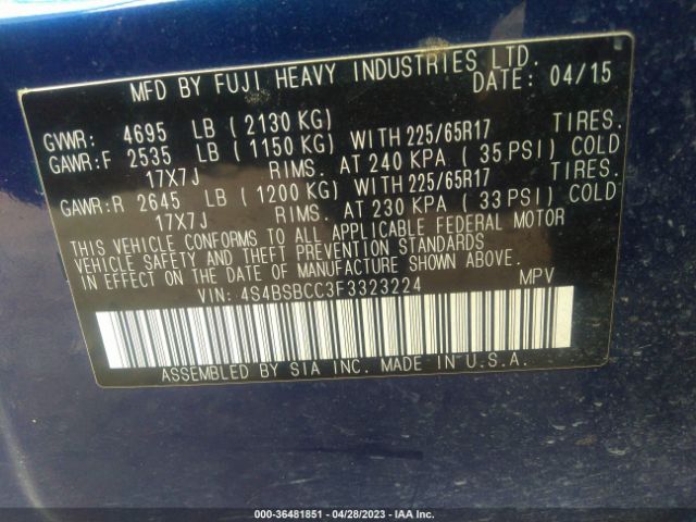 4S4BSBCC3F3323224 Subaru Outback 2.5i Premium