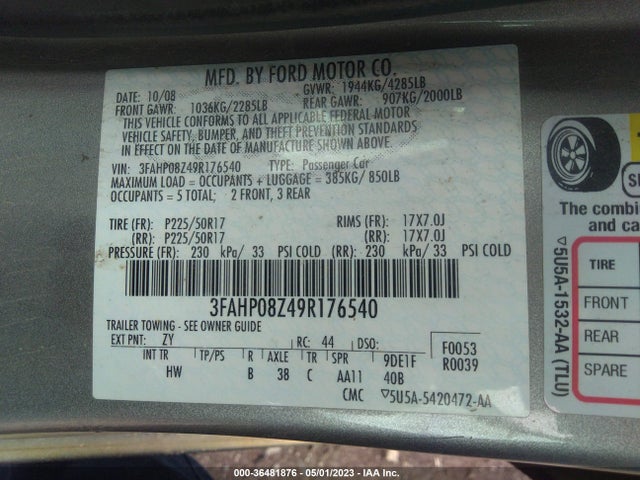 2009 FORD FUSION SEL VIN: 3FAHP08Z49R176540
