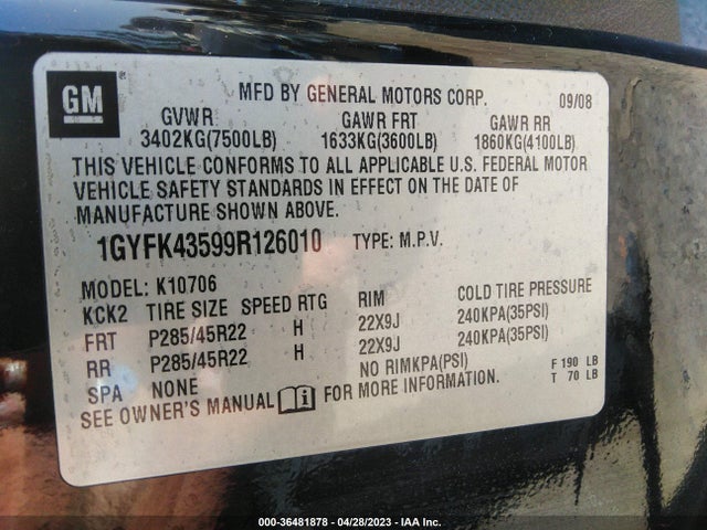 2009 CADILLAC ESCALADE HYBRID VIN: 1GYFK43599R126010