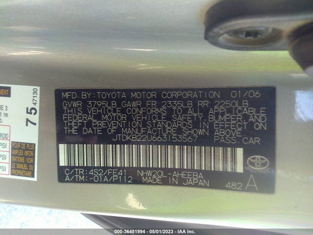 36481994 :رقم المزاد ، JTDKB22U663153567 vin ، 2006 Toyota Prius مزاد بيع
