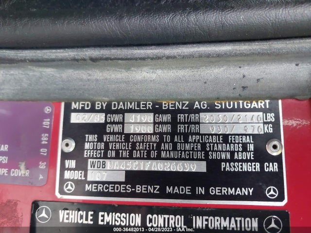 1985 MERCEDES-BENZ 380 SL VIN: WDBBA45C1FA026639
