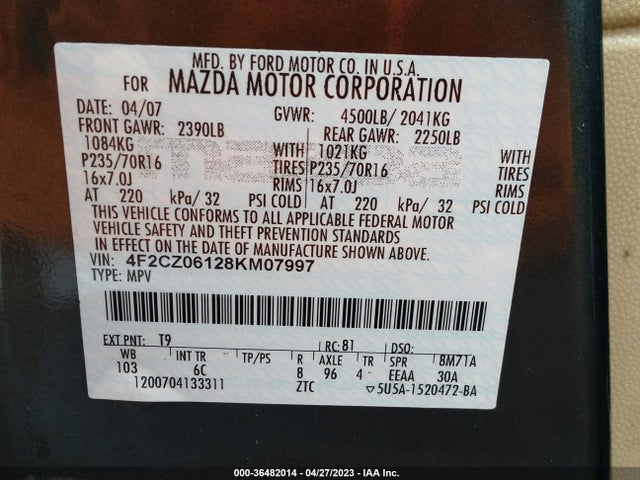 2008 MAZDA TRIBUTE GRAND TOURING VIN: 4F2CZ06128KM07997