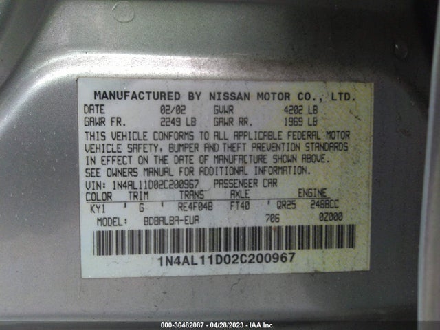 2002 NISSAN ALTIMA SL VIN: 1N4AL11D02C200967