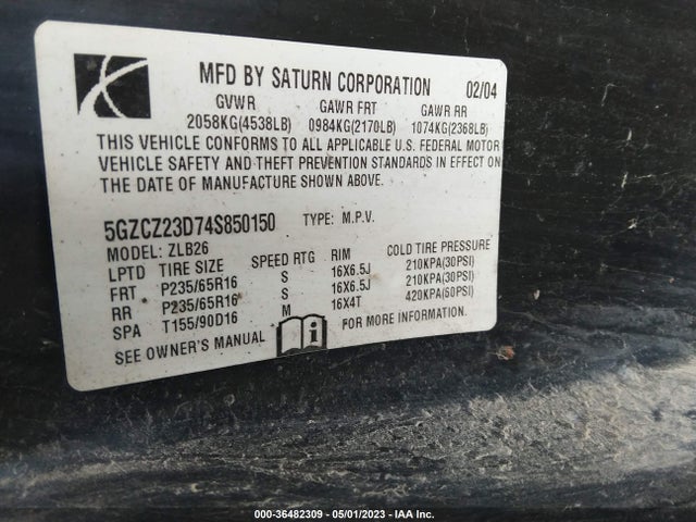 2004 SATURN VUE VIN: 5GZCZ23D74S850150