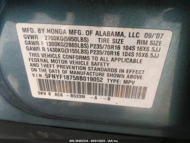 2008 HONDA PILOT EX-L VIN: 5FNYF18758B019052