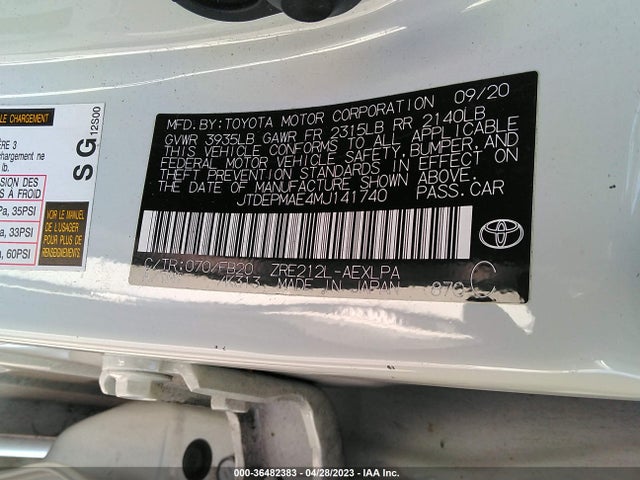 2021 TOYOTA COROLLA LE VIN: JTDEPMAE4MJ141740