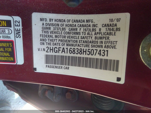 2008 HONDA CIVIC SDN EX VIN: 2HGFA16838H507431