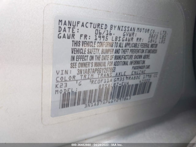 2016 NISSAN SENTRA S VIN: 3N1AB7AP6GY297863