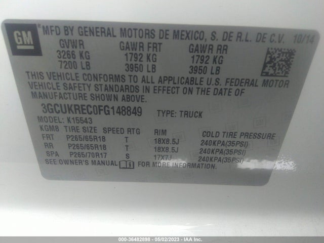 2015 CHEVROLET SILVERADO 1500 LT VIN: 3GCUKREC0FG148849