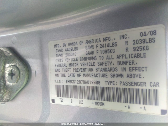 2008 HONDA ACCORD CPE EX-L VIN: 1HGCS12878A019989