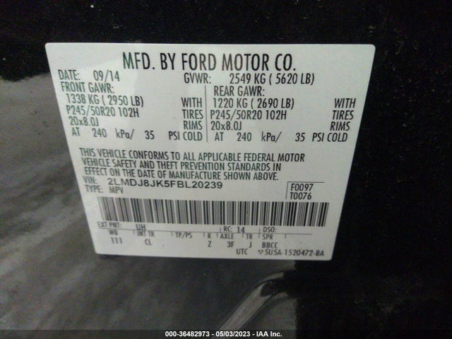 2015 Lincoln MKX, VIN: 2LMDJ8JK5FBL20239