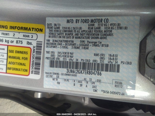 2014 LINCOLN MKZ VIN: 3LN6L2GK7ER804786