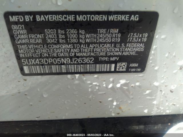 5UX43DP05N9J26362 BMW X3 Sdrive30i