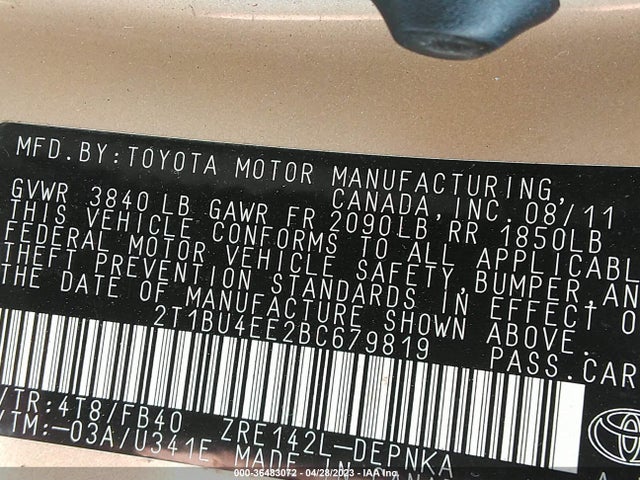 2011 TOYOTA COROLLA L/LE/S VIN: 2T1BU4EE2BC679819