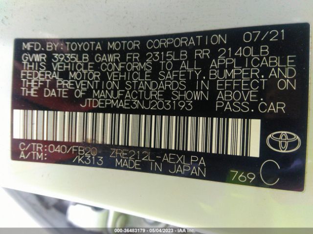 JTDEPMAE3NJ203193 Toyota COROLLA LE