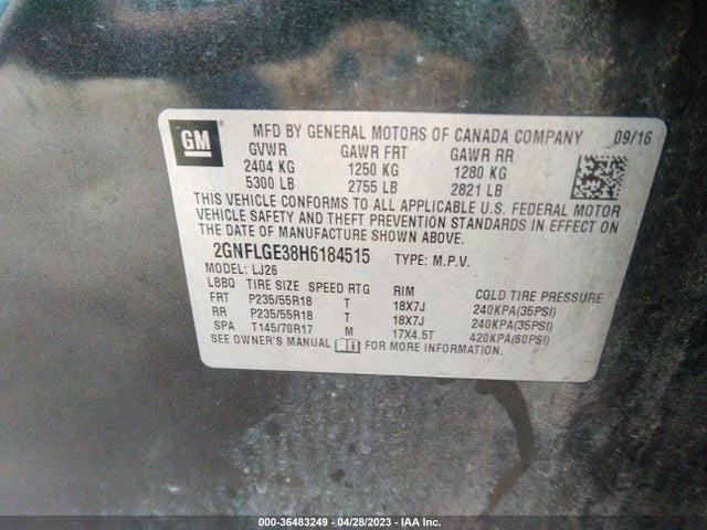 2017 CHEVROLET EQUINOX PREMIER VIN: 2GNFLGE38H6184515