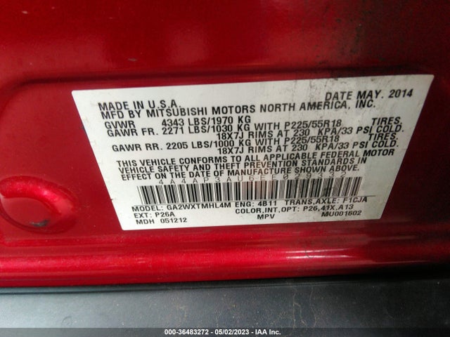 4A4AP3AU6EE029332 Mitsubishi Outlander Sport Es