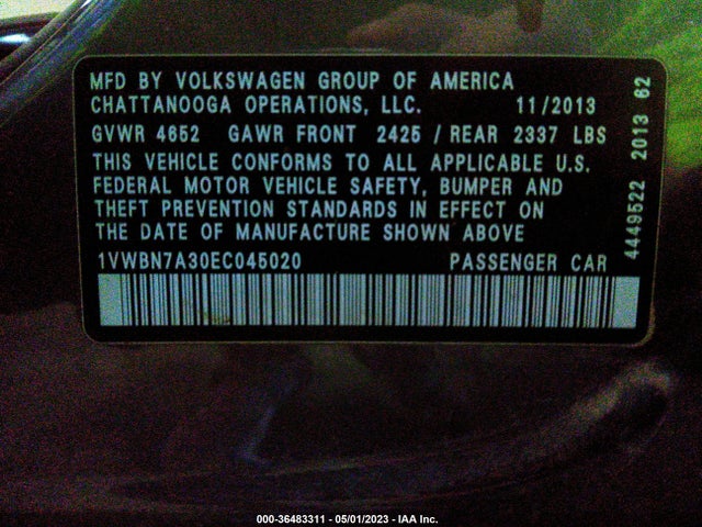 2014 VOLKSWAGEN PASSAT 2.0L TDI SE VIN: 1VWBN7A30EC045020