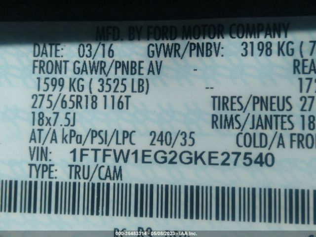 1FTFW1EG2GKE27540 Ford F-150 Lariat