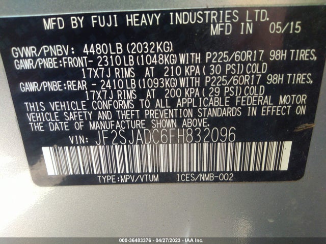 Продаж на аукціоні авто 2015 Subaru Forester 2.5i Premium, vin: JF2SJADC6FH832096, номер лоту: 36483376