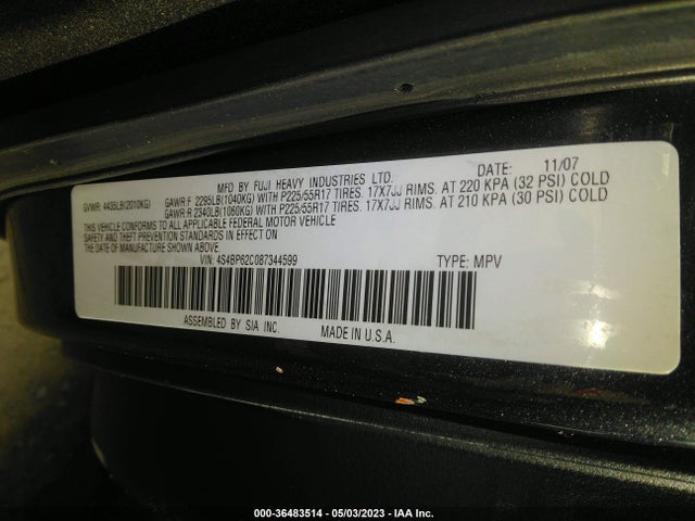 2008 SUBARU OUTBACK LTD VIN: 4S4BP62C087344599