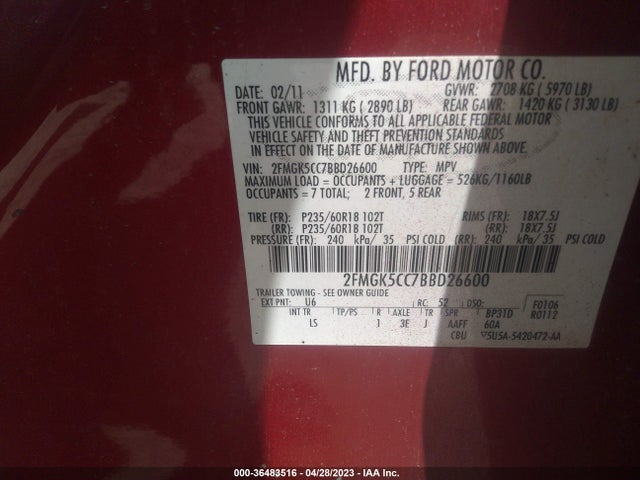 2011 FORD FLEX SEL VIN: 2FMGK5CC7BBD26600