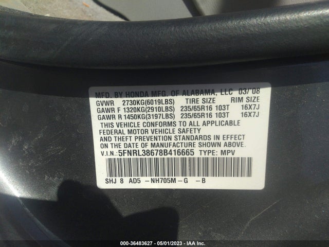 2008 HONDA ODYSSEY EX-L VIN: 5FNRL38678B416665