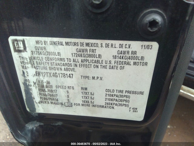 36483670 :رقم المزاد ، 3GNEK12TX4G178147 vin ، 2004 Chevrolet Avalanche Z71 مزاد بيع