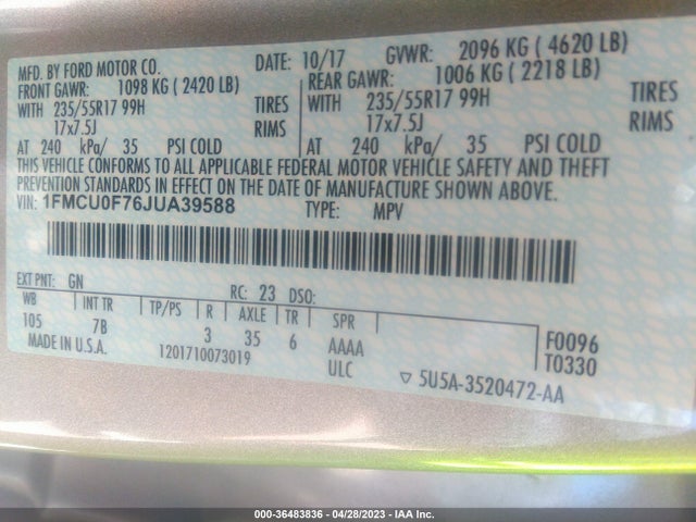 Ford ESCAPE S 2018 1FMCU0F76JUA39588 Image 10