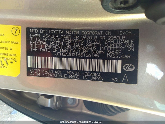 2006 LEXUS ES 330 VIN: JTHBA30G165166185