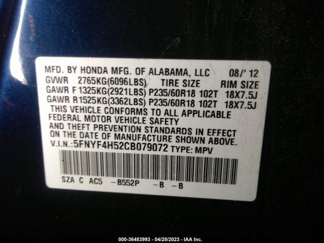 2012 HONDA PILOT EX-L VIN: 5FNYF4H52CB079072