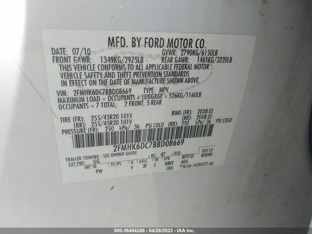 2011 FORD FLEX LIMITED/TITANIUM VIN: 2FMHK6DC7BBD08669