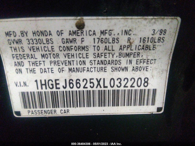 1999 HONDA CIVIC DX VIN: 1HGEJ6625XL032208