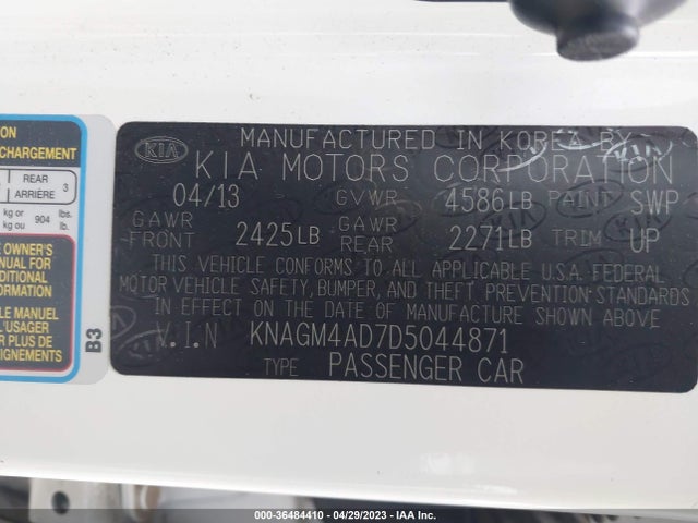 2013 KIA OPTIMA HYBRID LX VIN: KNAGM4AD7D5044871