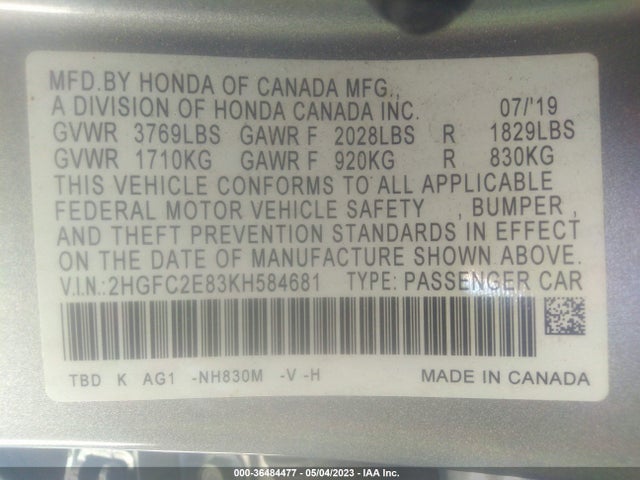 2019 HONDA CIVIC SEDAN 2HGFC2E83KH584681 Photo 8