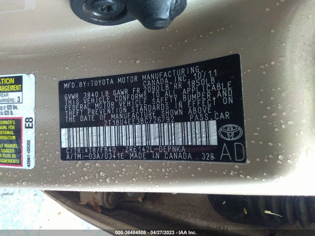 2011 TOYOTA COROLLA LE VIN: 2T1BU4EE3BC726792