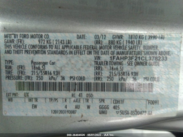 2012 FORD FOCUS SE VIN: 1FAHP3F21CL378233