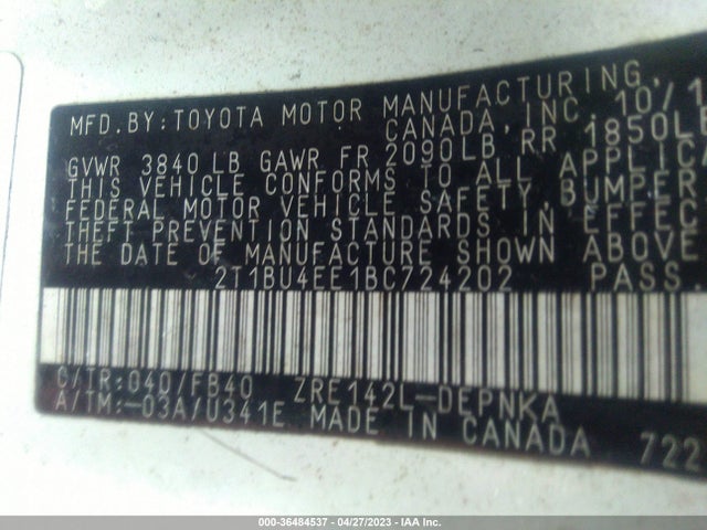 2011 TOYOTA COROLLA L/LE/S VIN: 2T1BU4EE1BC724202